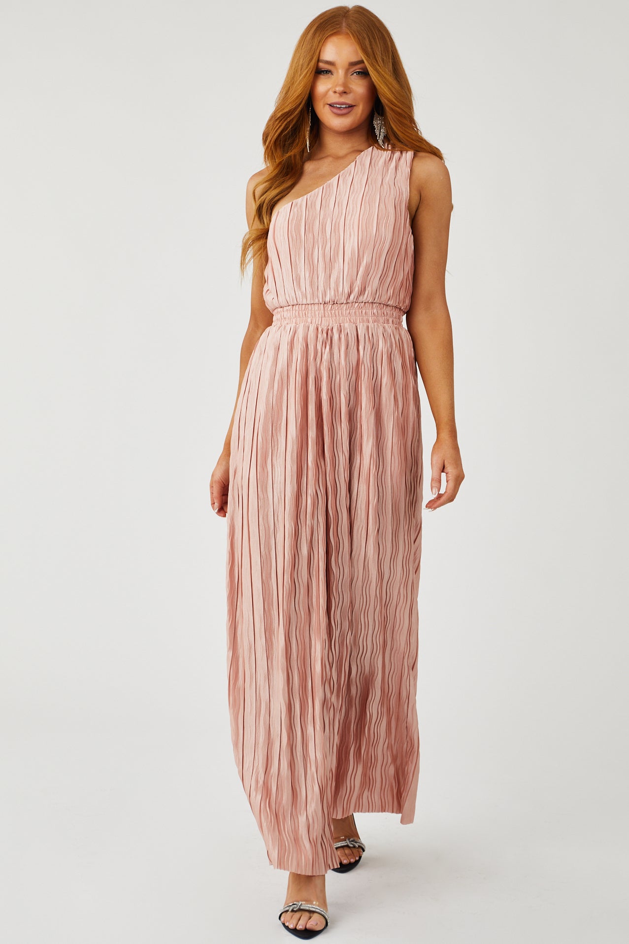 Blush One Shoulder Pleated Satin Jumpsuit