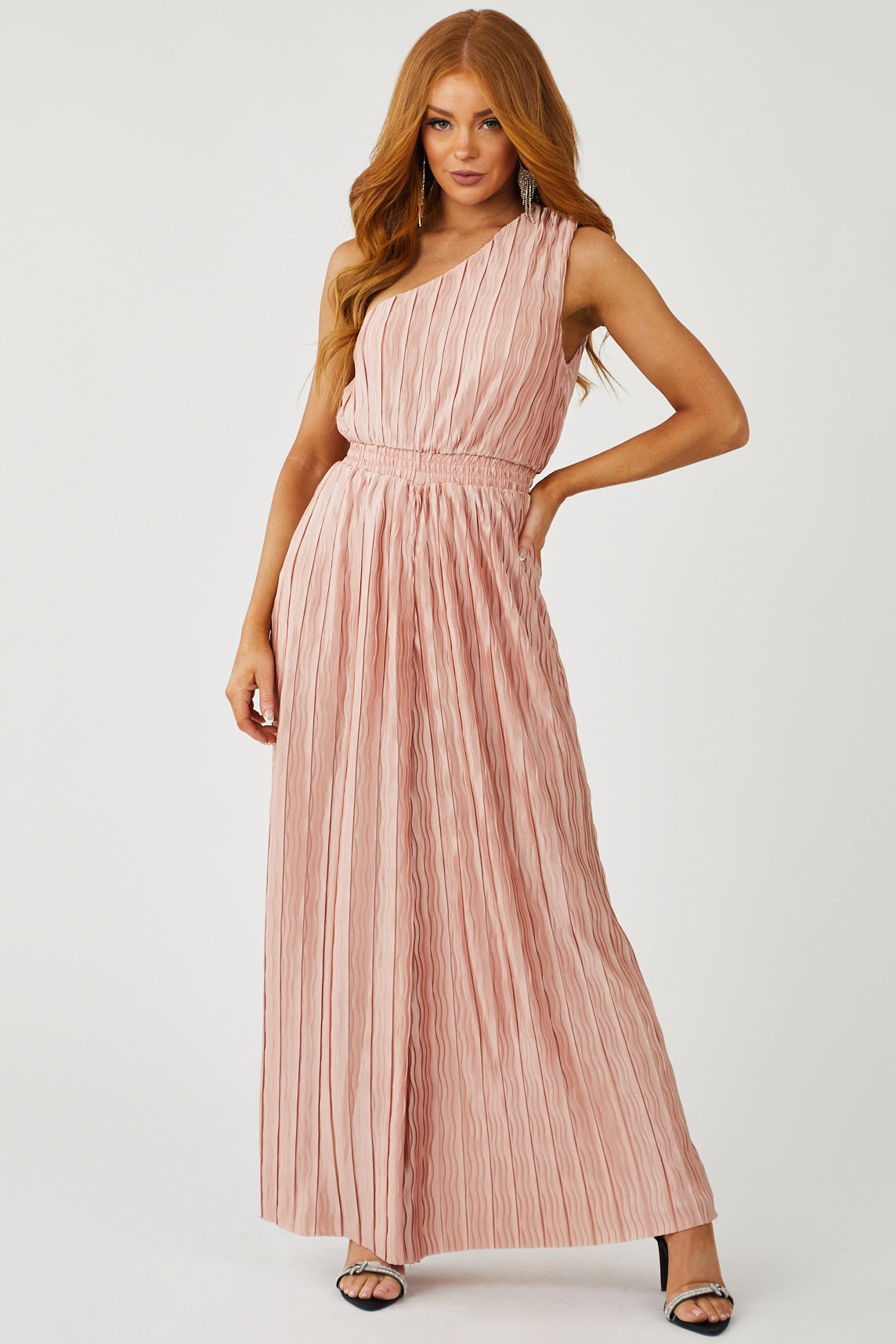Blush One Shoulder Pleated Satin Jumpsuit