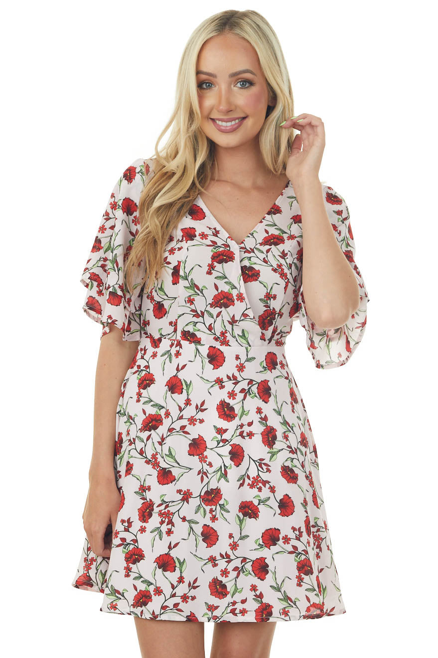 Blush Pink Floral Print Surplice Short Dress