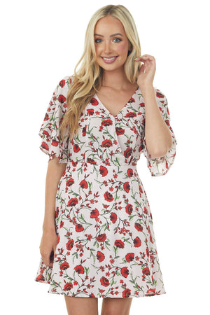 Blush Pink Floral Print Surplice Short Dress