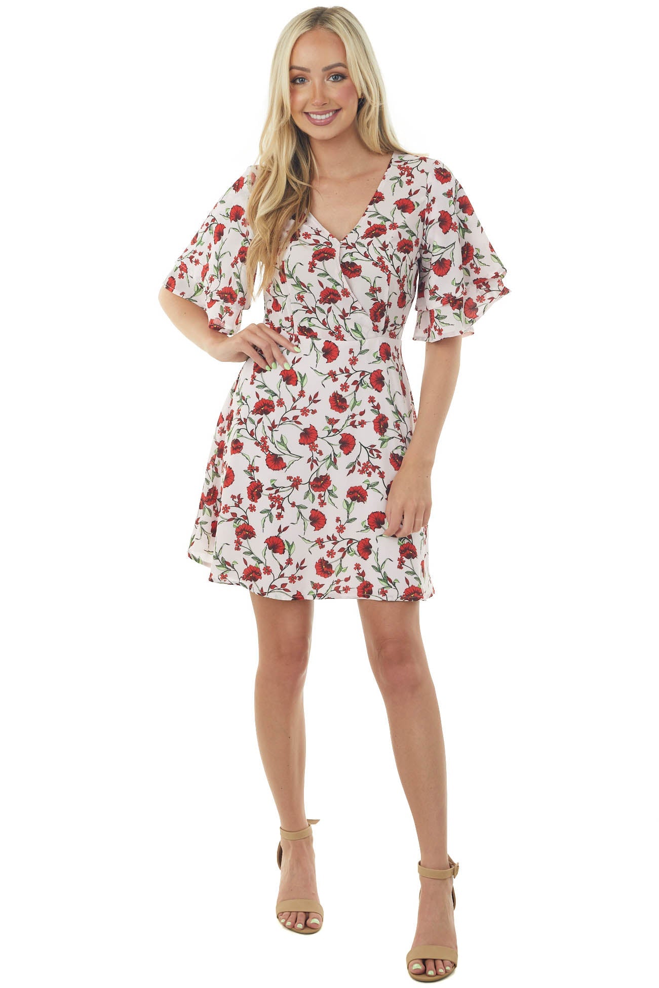 Blush Pink Floral Print Surplice Short Dress