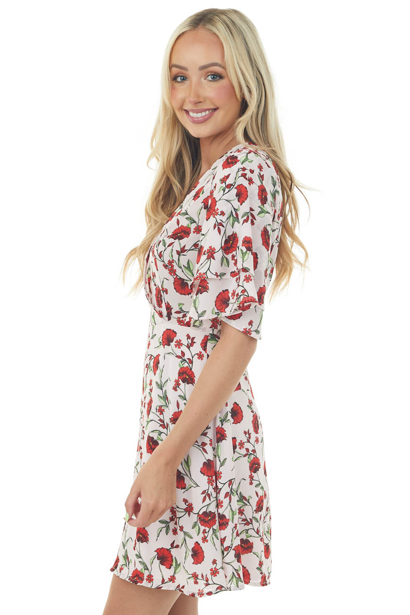 Blush Pink Floral Print Surplice Short Dress