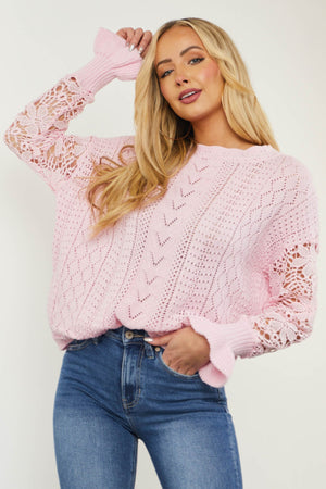 Blush Pointelle Sweater with Crochet Sleeves
