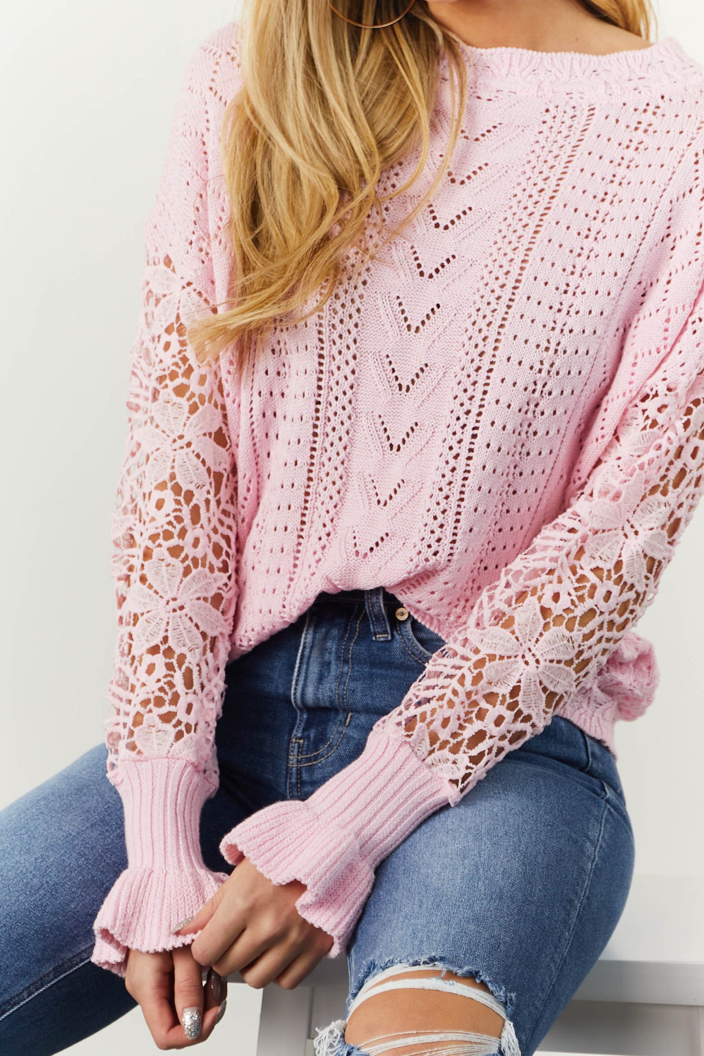 Blush Pointelle Sweater with Crochet Sleeves