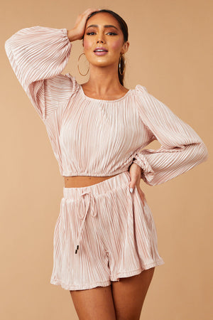 Blush Satin Plisse Long Sleeve Top and Shorts Set