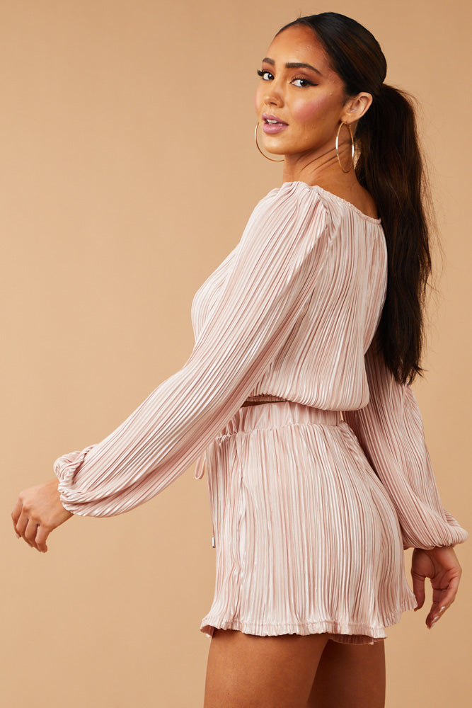 Blush Satin Plisse Long Sleeve Top and Shorts Set