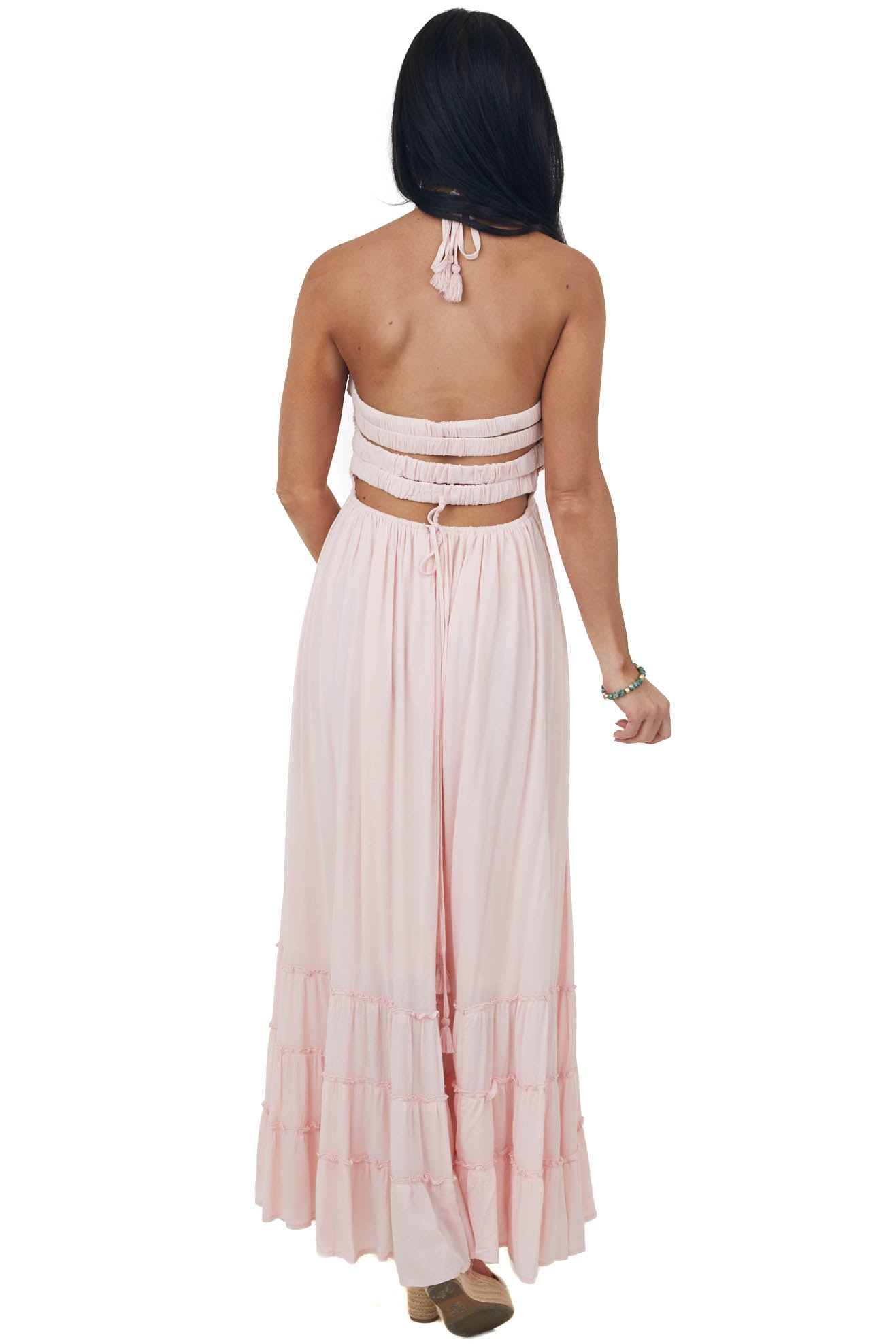 Blush Smocked Strappy Back Halter Maxi Dress