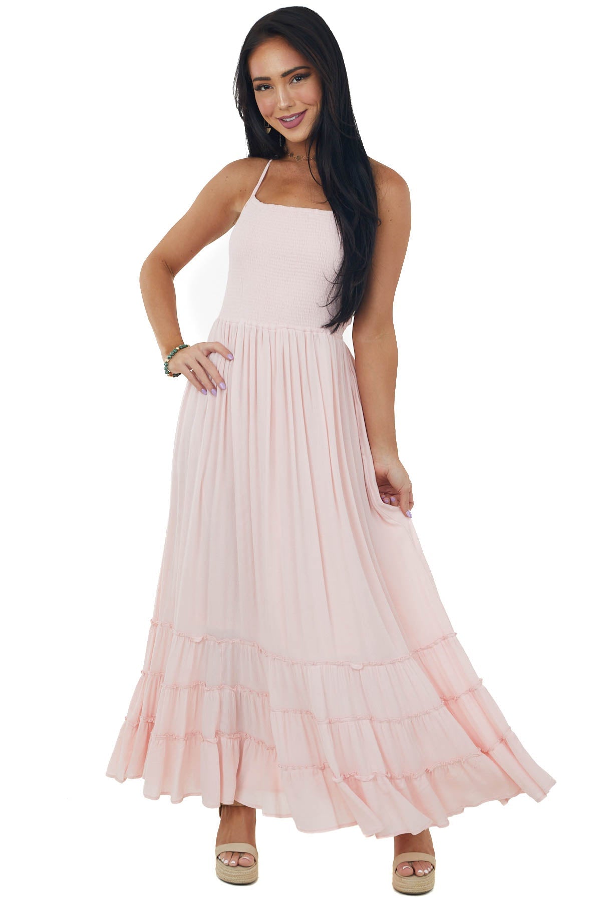 Blush Smocked Strappy Back Halter Maxi Dress