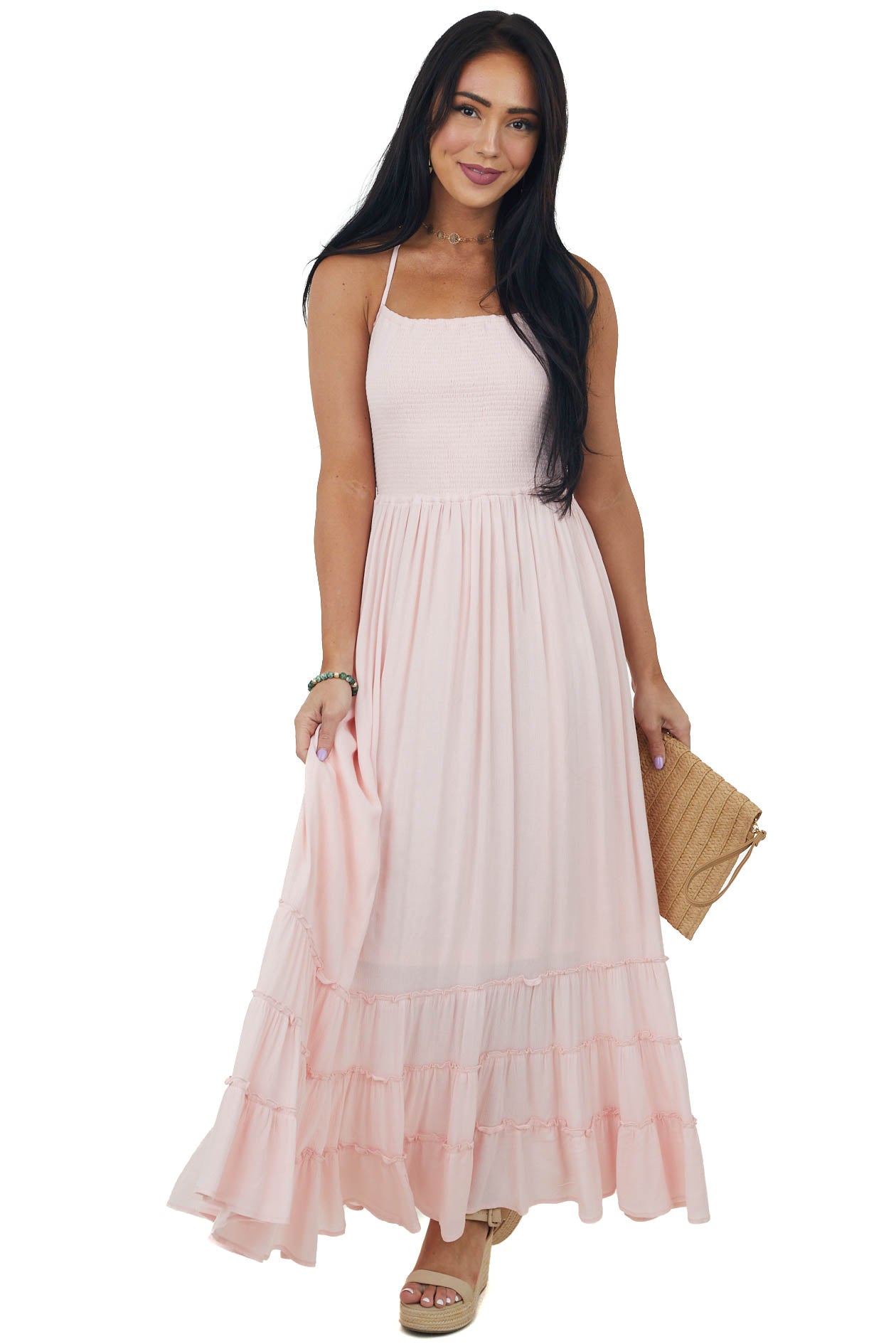 Blush Smocked Strappy Back Halter Maxi Dress