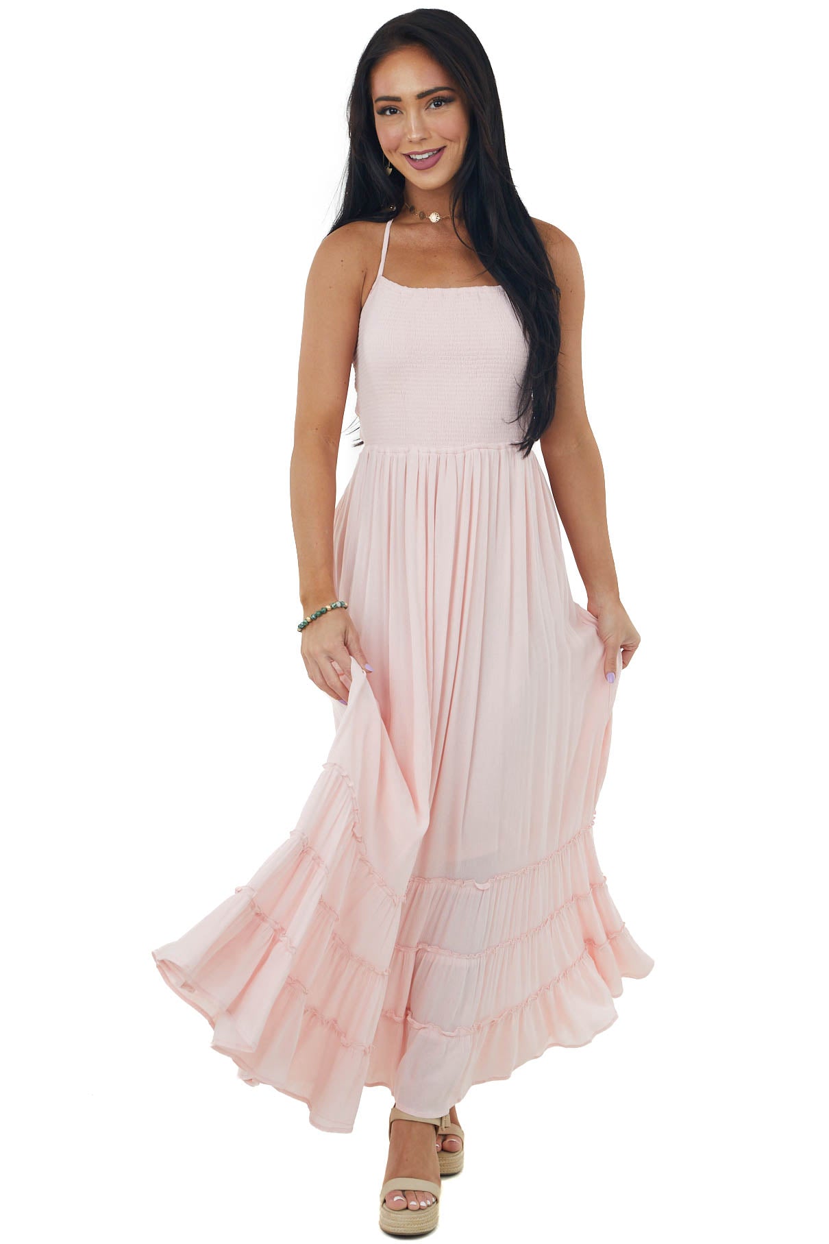 Blush Smocked Strappy Back Halter Maxi Dress