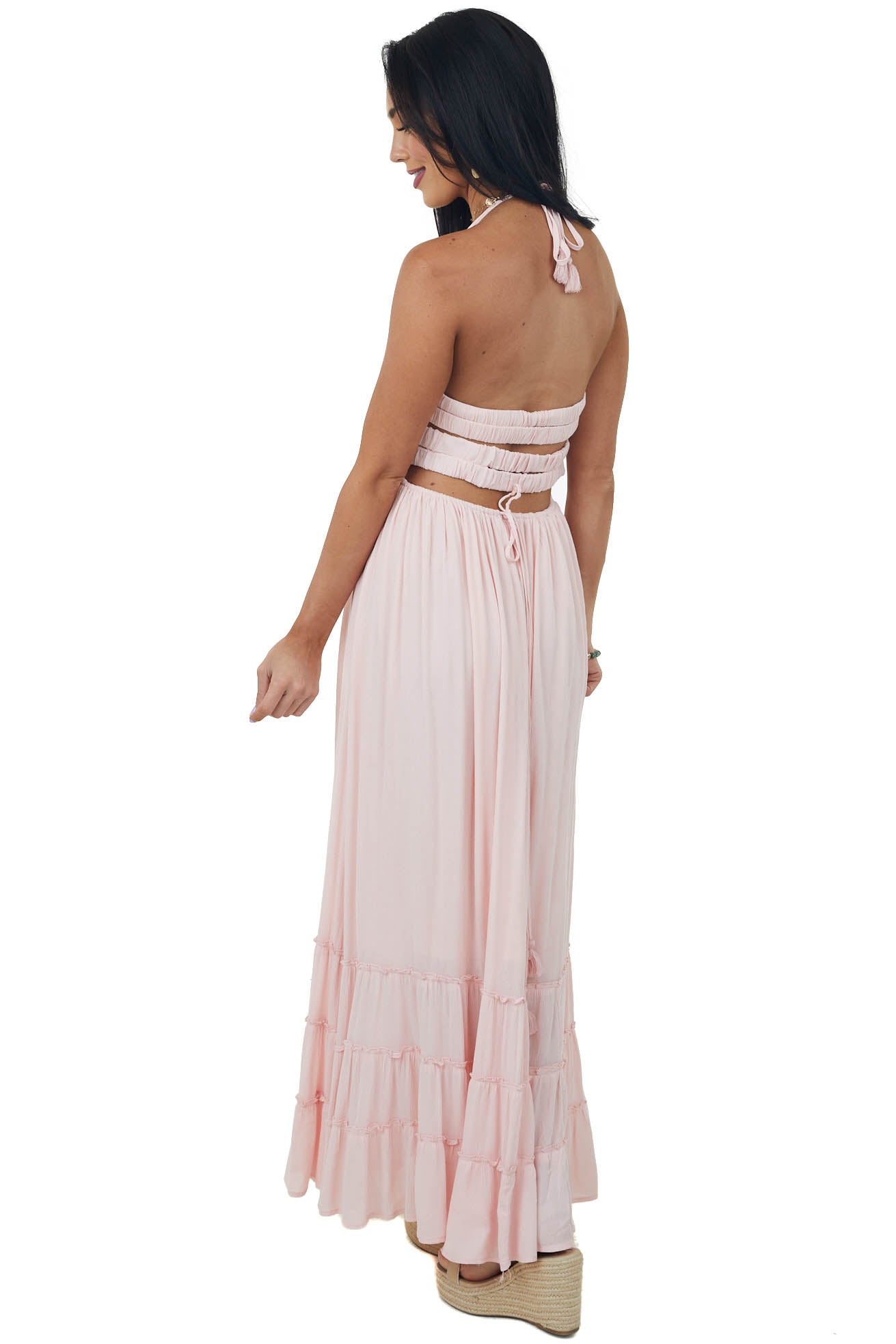 Blush Smocked Strappy Back Halter Maxi Dress
