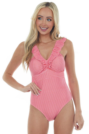 Blush and Ruby Striped Ruffle One Piece Swimsuit