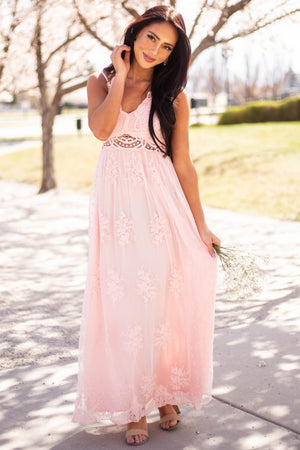Blush Lace Sleeveless Mesh Maxi Dress