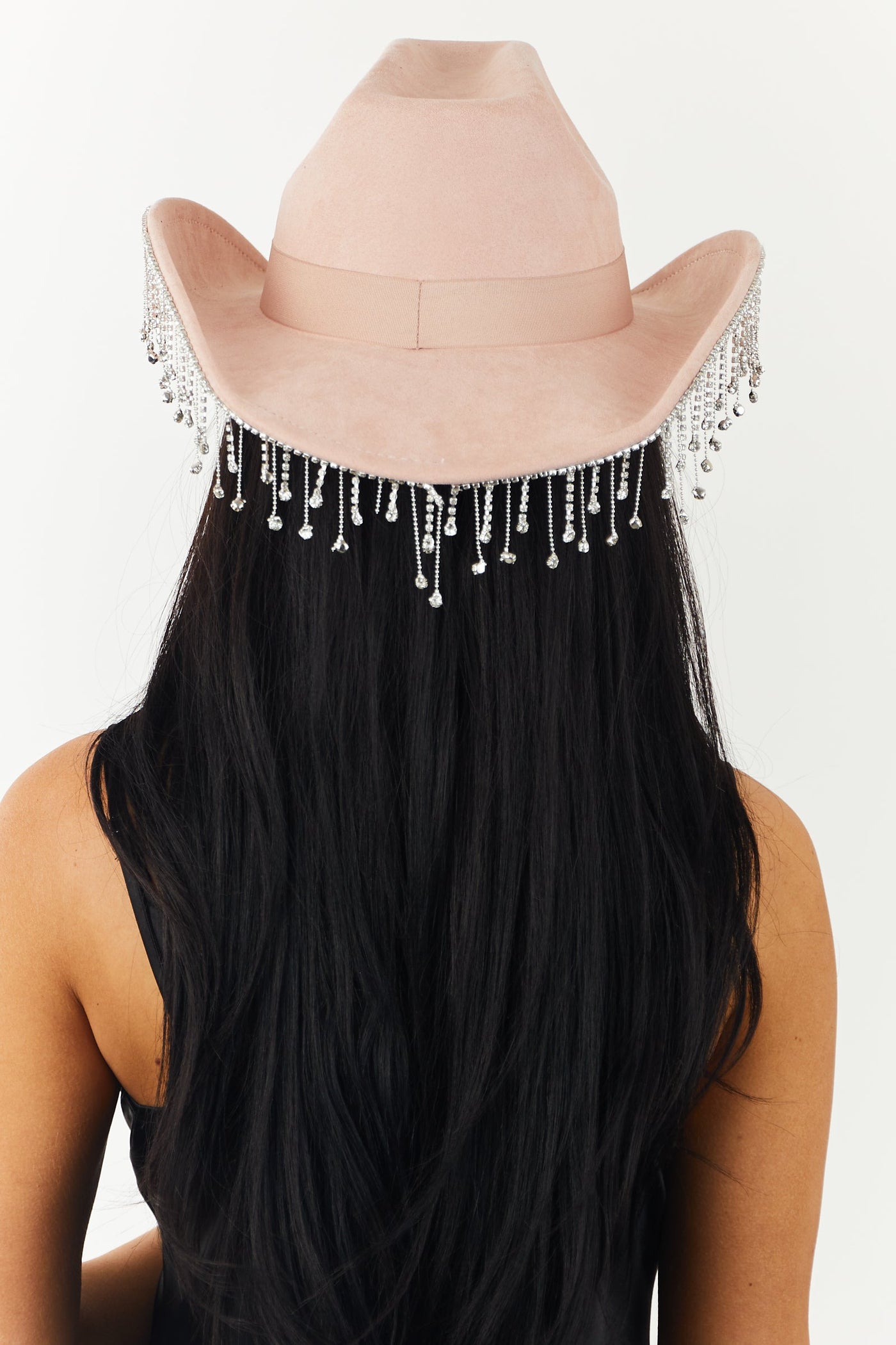 Blush Suede Rhinestone Fringe Brim Western Hat
