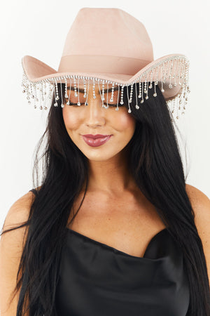 Blush Suede Rhinestone Fringe Brim Western Hat