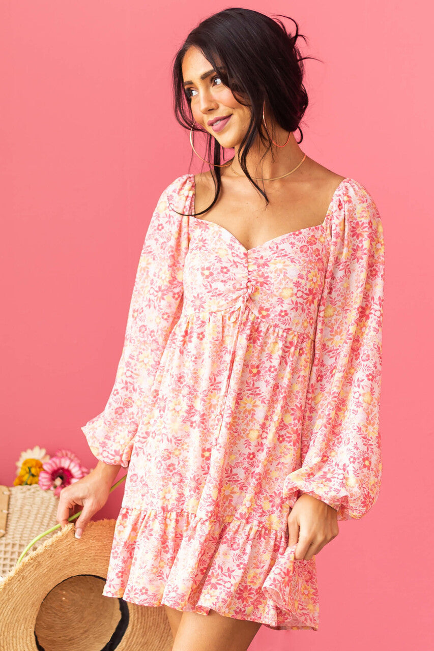 Blush Floral Bubble Sleeve Mini Dress