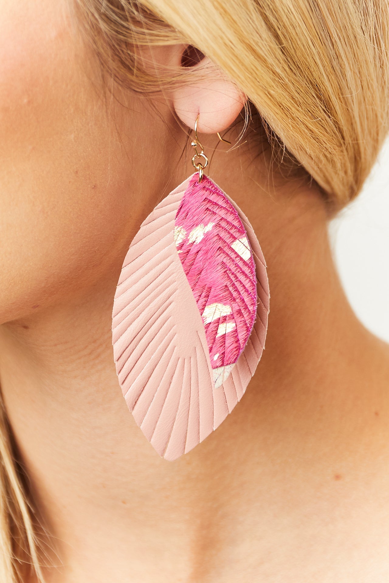 Blush and Magenta Layered Feather Earrings