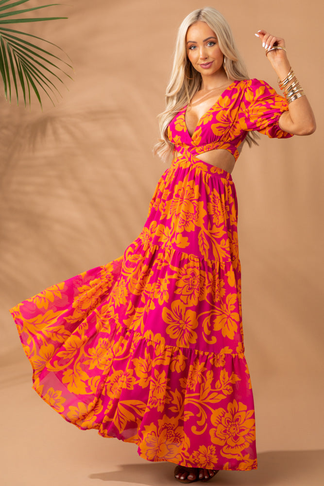 Boysenberry Floral Print Side Cut Out Maxi Dress
