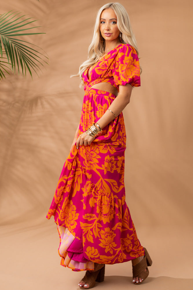 Boysenberry Floral Print Side Cut Out Maxi Dress