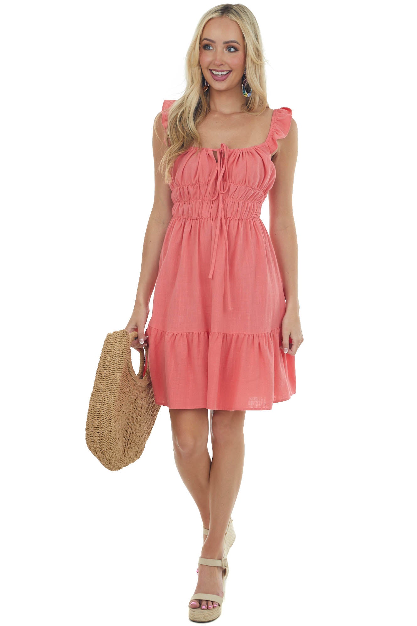 Bright Coral Ruffle Dress with Elastic Waist