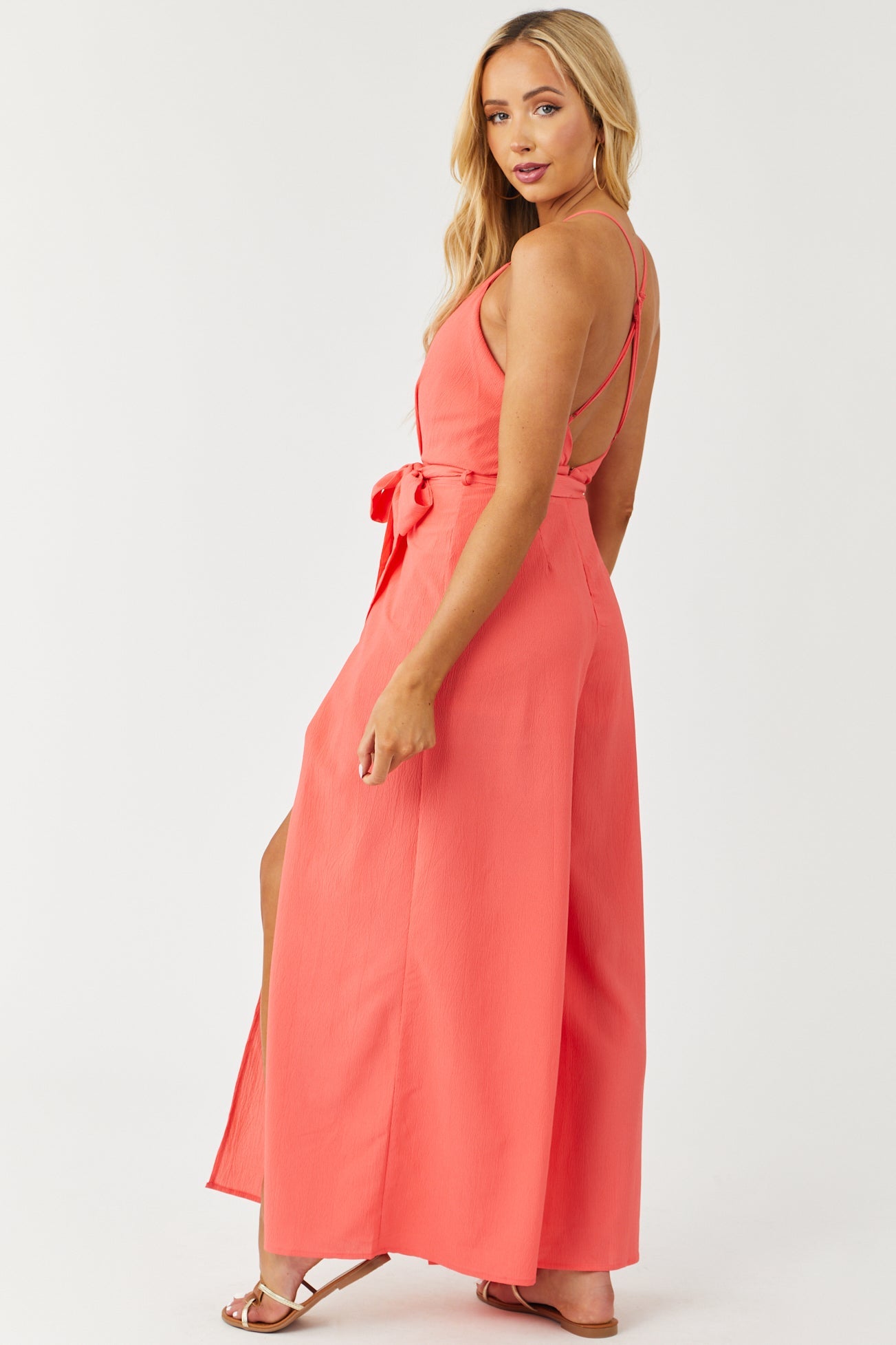 Bright Coral Sleeveless Wide Leg Jumpsuit