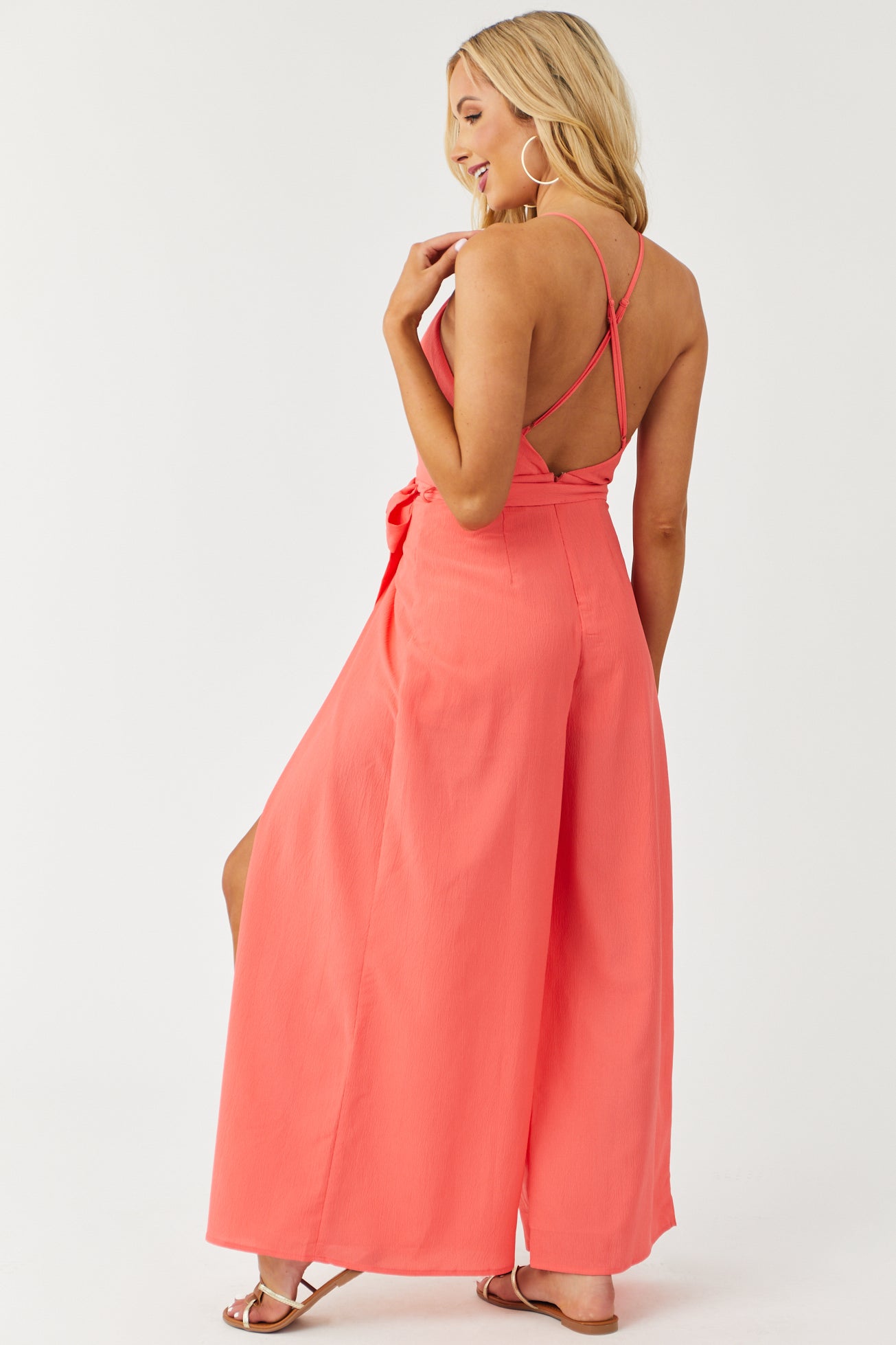 Bright Coral Sleeveless Wide Leg Jumpsuit