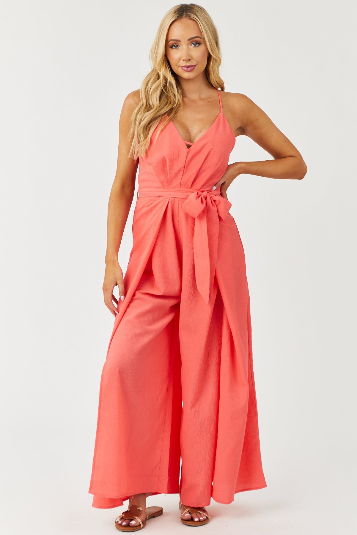 Bright Coral Sleeveless Wide Leg Jumpsuit