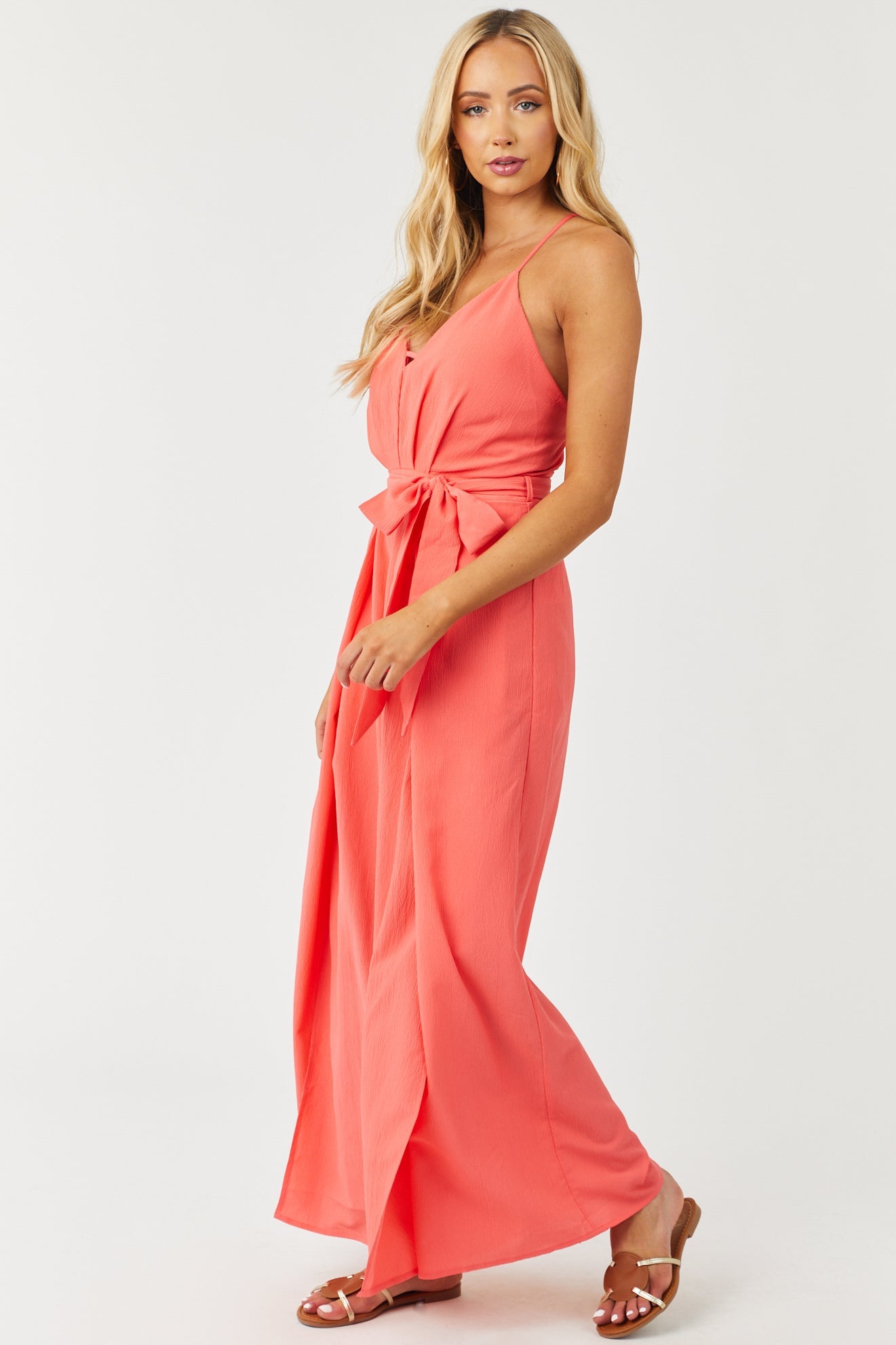 Bright Coral Sleeveless Wide Leg Jumpsuit