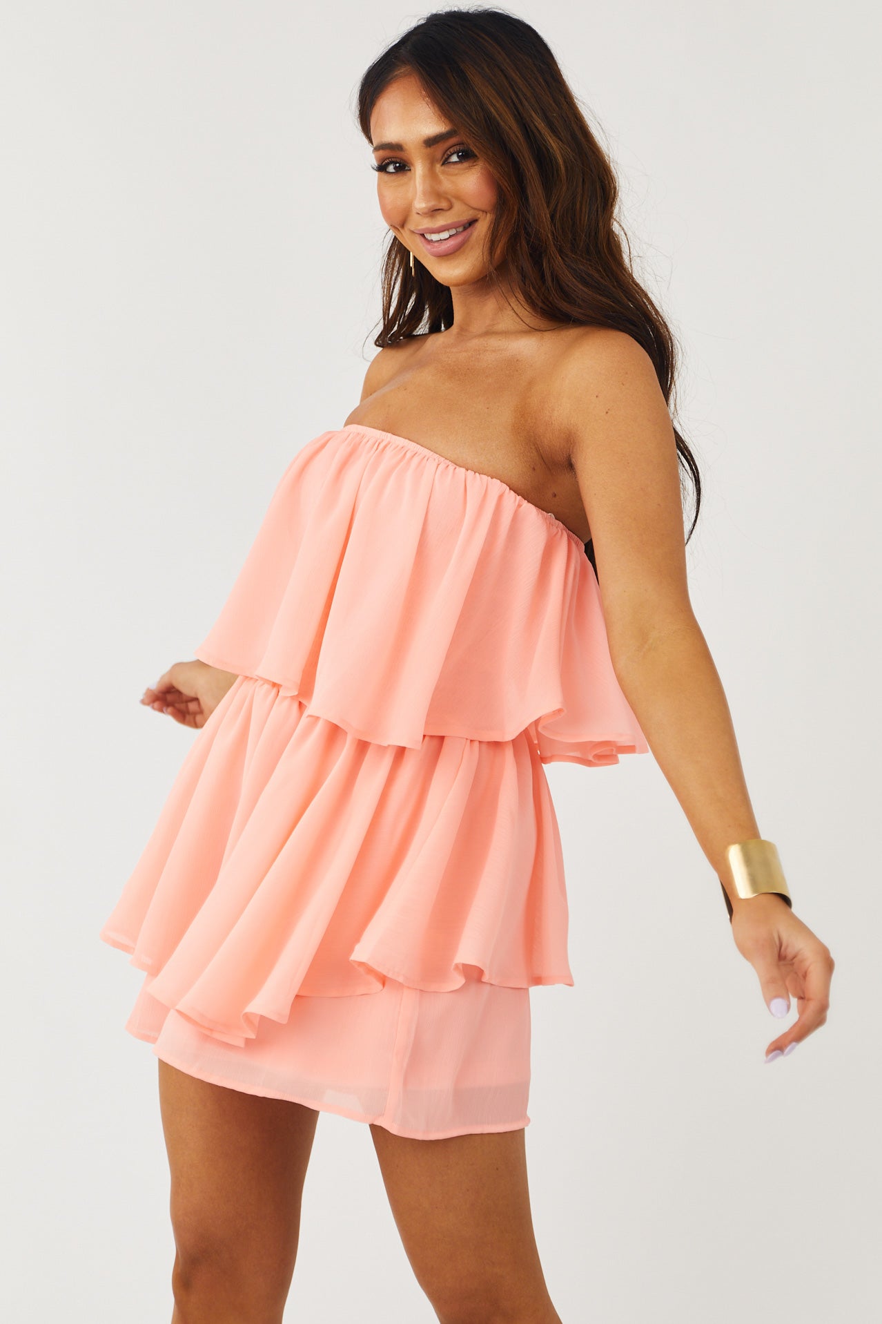 Bright Coral Strapless Smocked Layered Romper