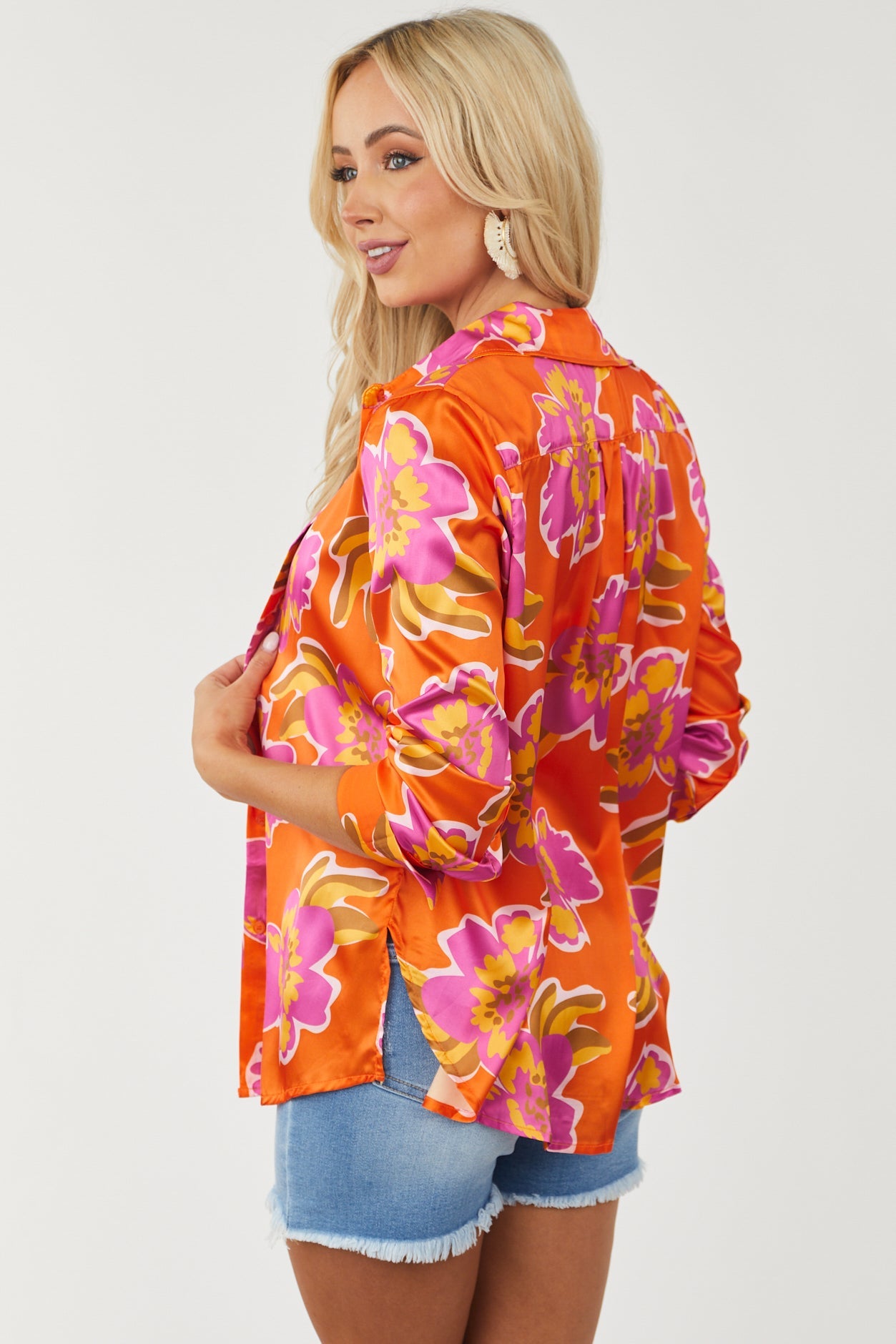 Bright Fire Floral Satin Button Shirt and Bra Set