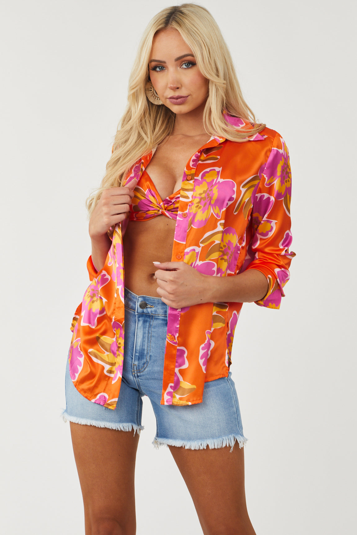 Bright Fire Floral Satin Button Shirt and Bra Set