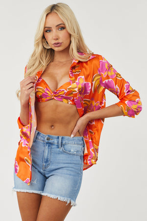 Bright Fire Floral Satin Button Shirt and Bra Set