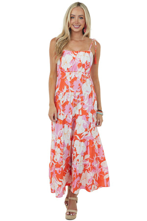 Bright Fire Floral Sleeveless Tiered Maxi Dress