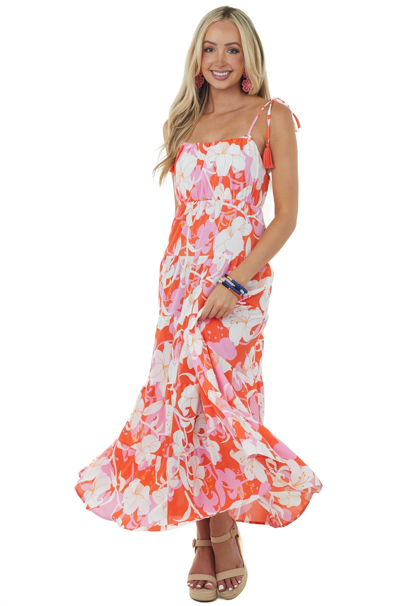 Bright Fire Floral Sleeveless Tiered Maxi Dress