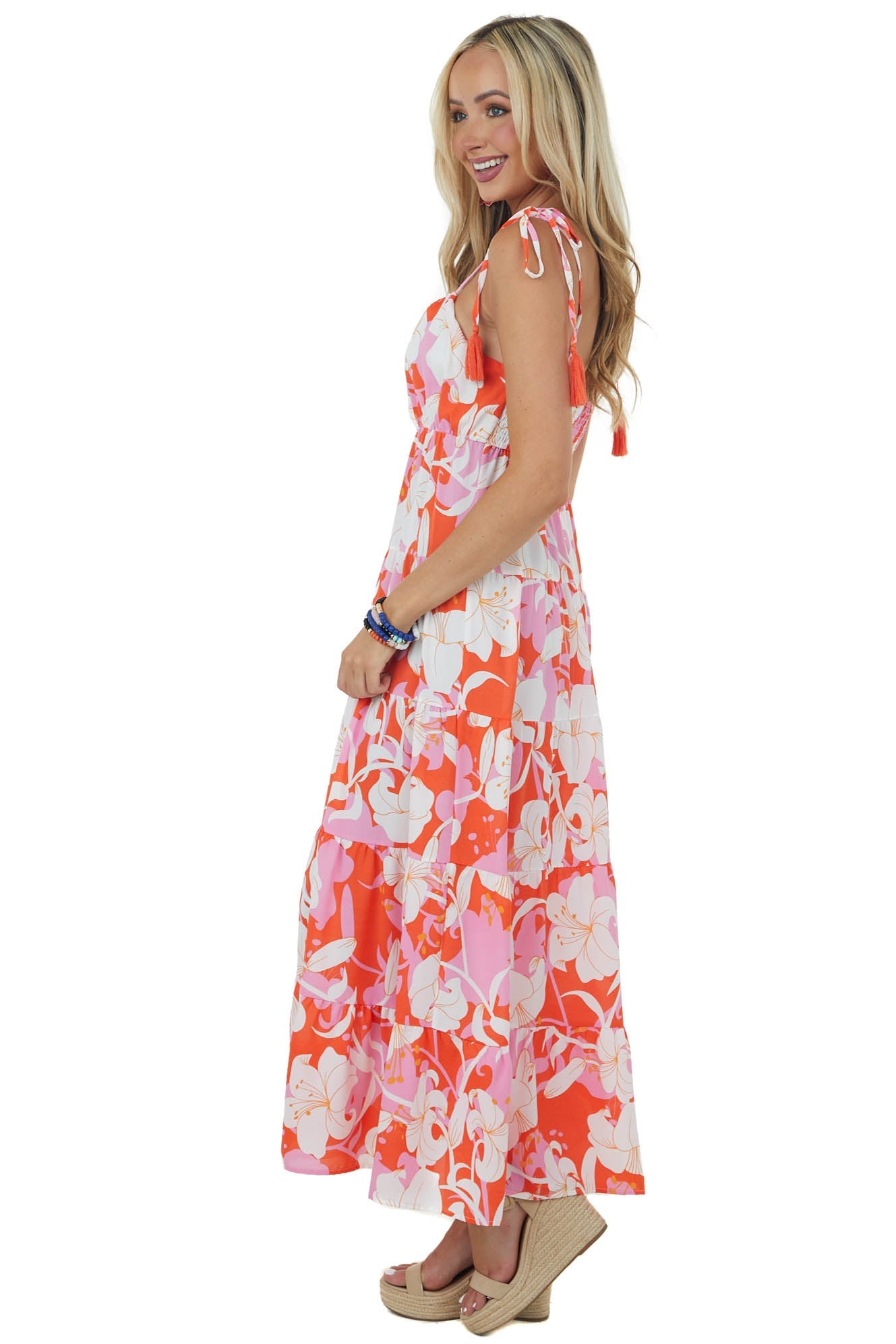 Bright Fire Floral Sleeveless Tiered Maxi Dress