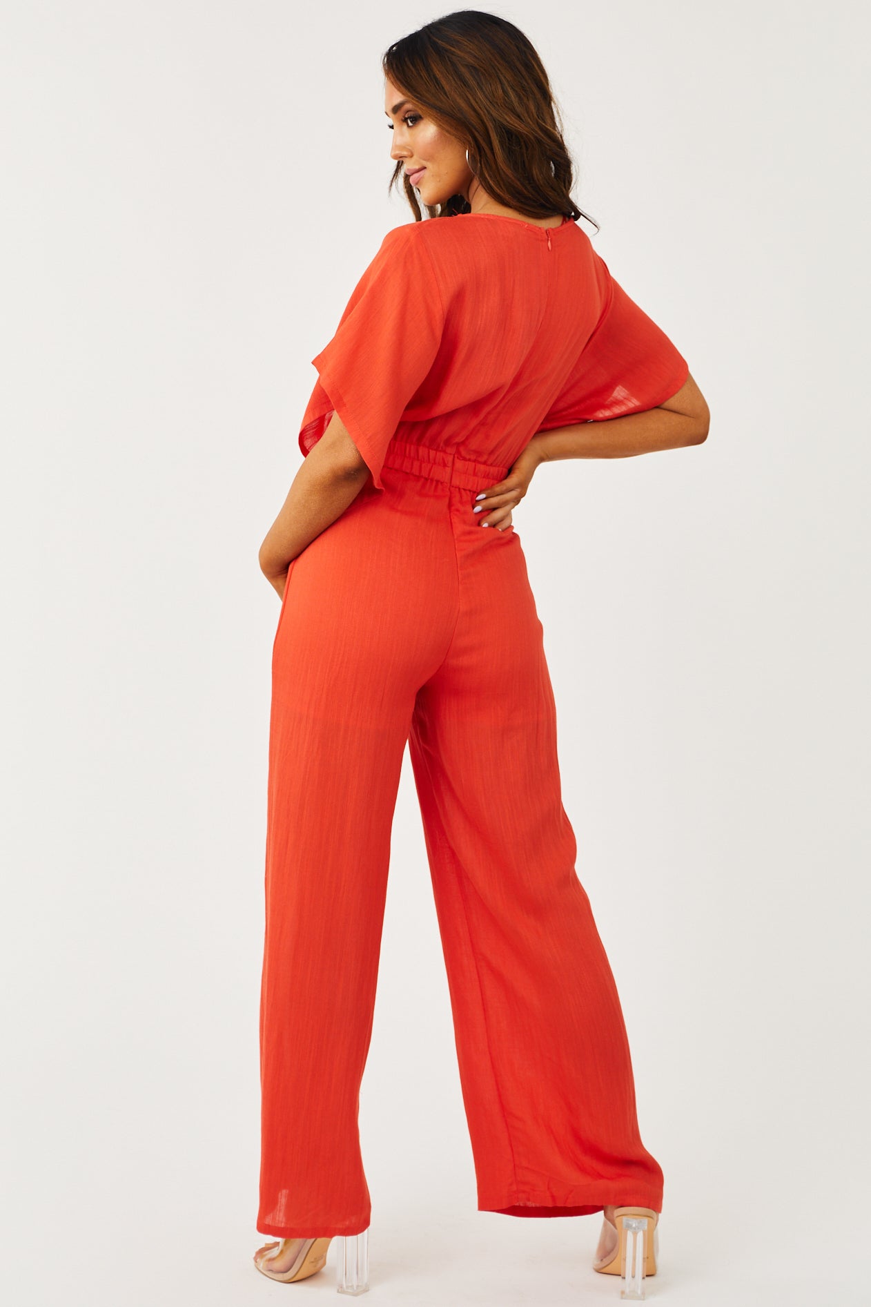 Bright Fire Plunging V Neck Wide Leg Jumpsuit