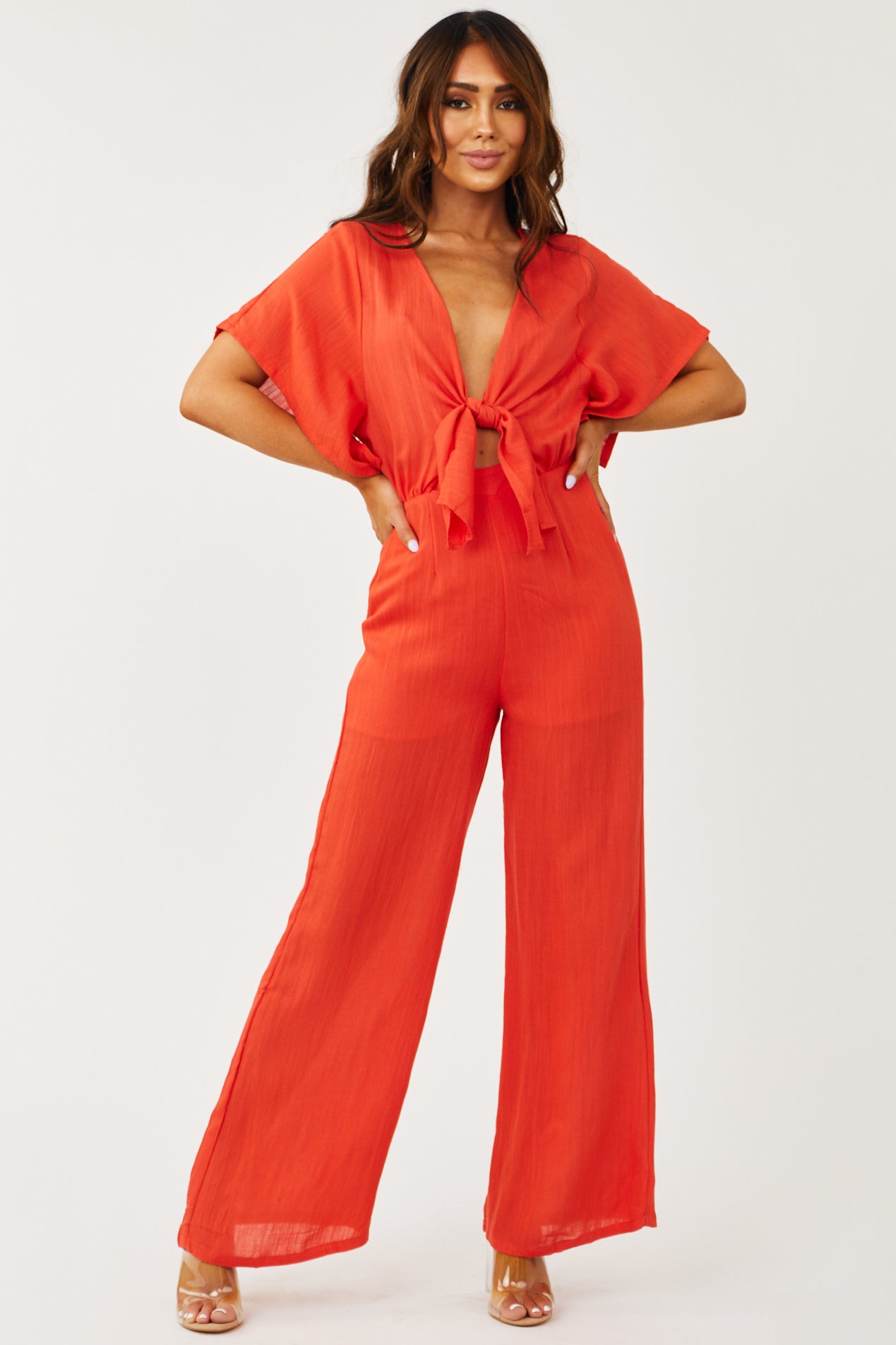 Bright Fire Plunging V Neck Wide Leg Jumpsuit