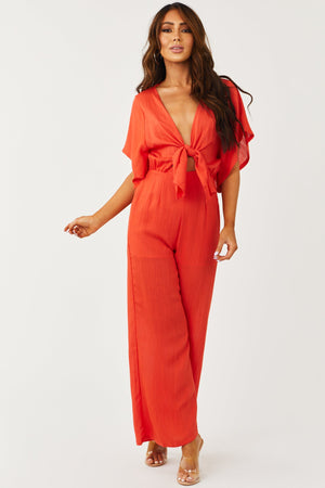 Bright Fire Plunging V Neck Wide Leg Jumpsuit