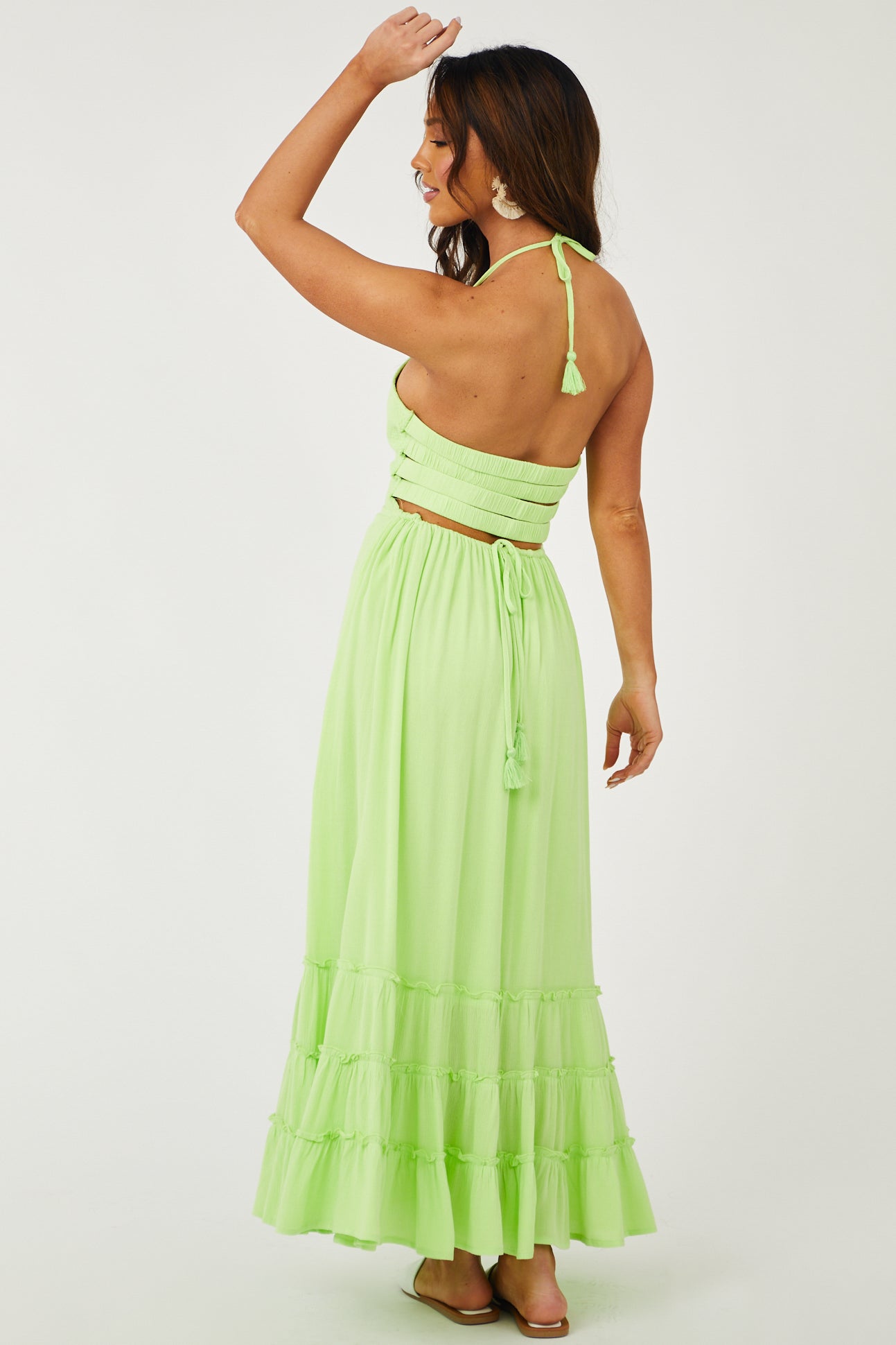 Bright Kiwi Smocked Strappy Back Halter Maxi Dress