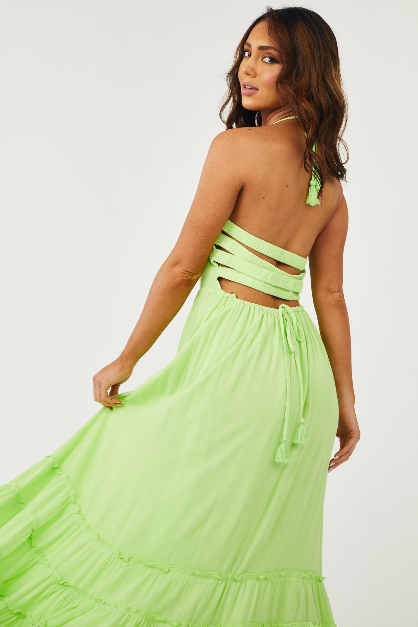 Bright Kiwi Smocked Strappy Back Halter Maxi Dress