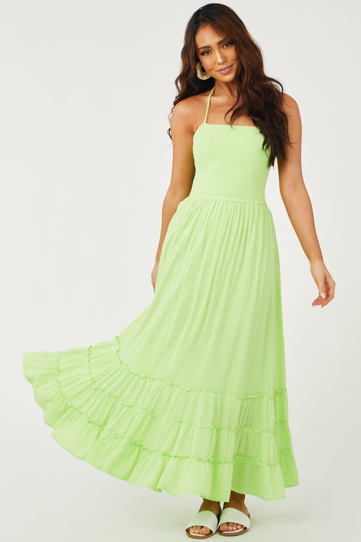 Bright Kiwi Smocked Strappy Back Halter Maxi Dress