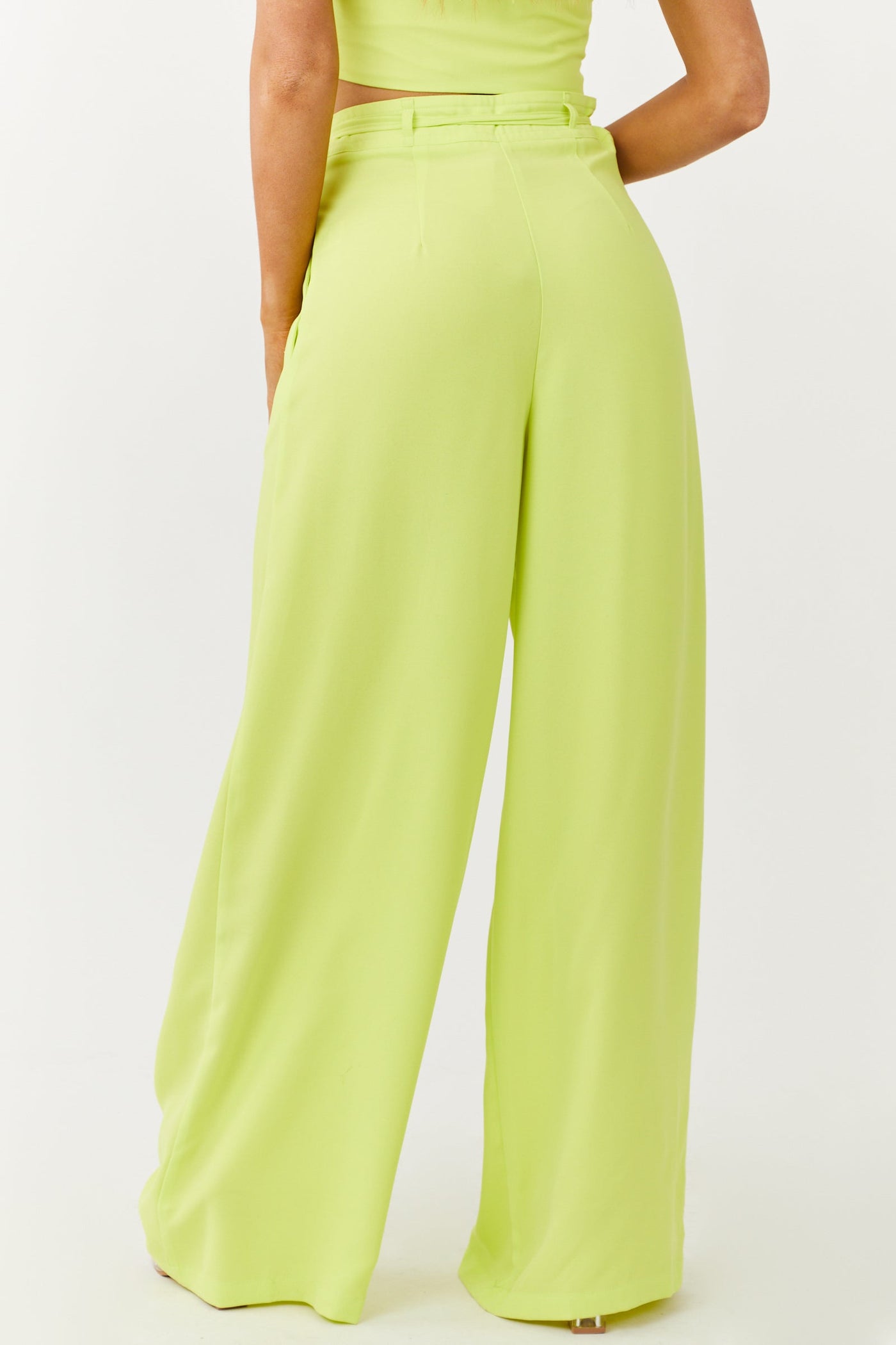 Bright Lime Flowy Wide Leg Waist Tie Pants