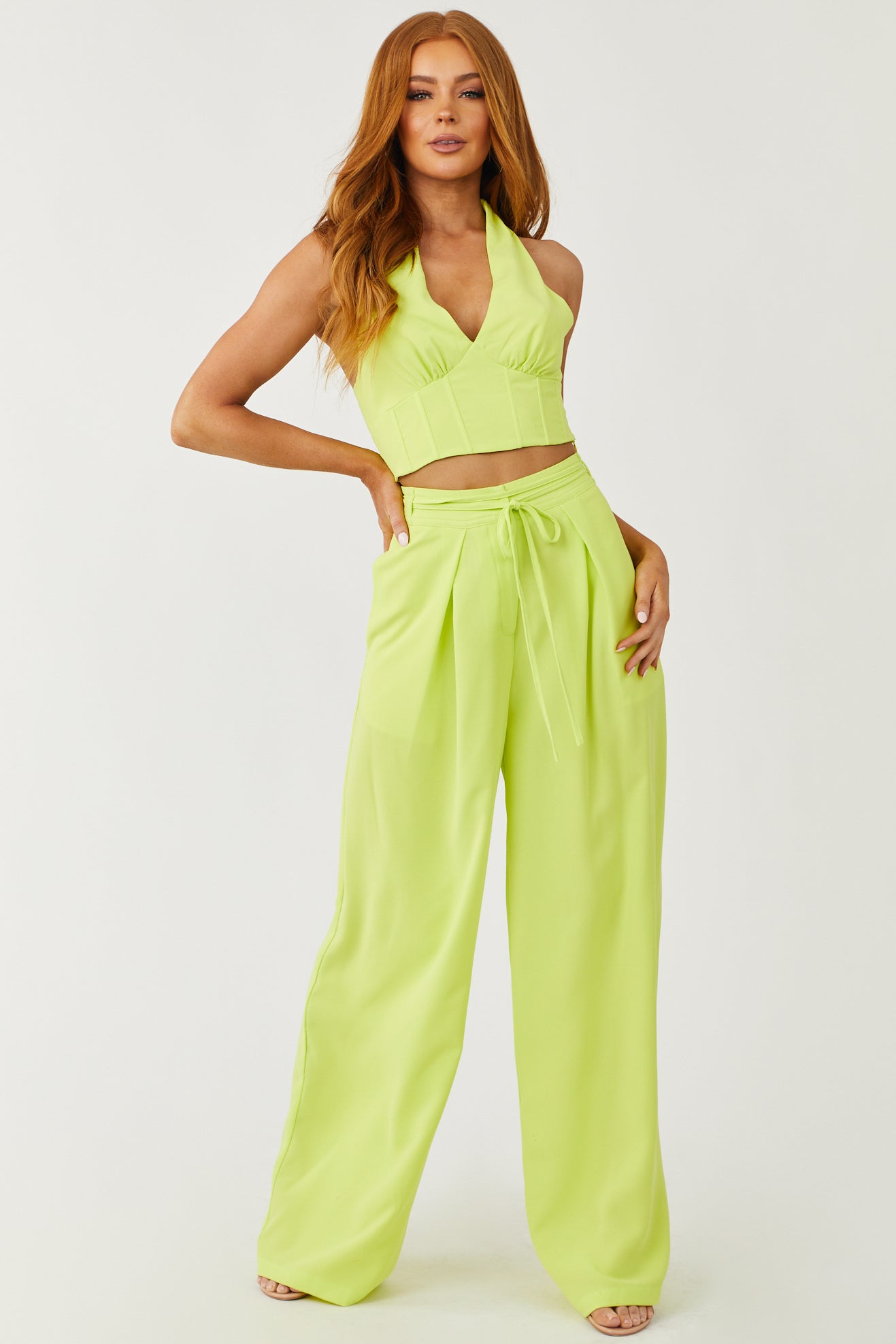 Bright Lime Flowy Wide Leg Waist Tie Pants