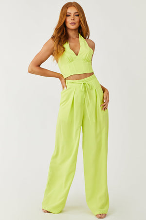 Bright Lime Flowy Wide Leg Waist Tie Pants
