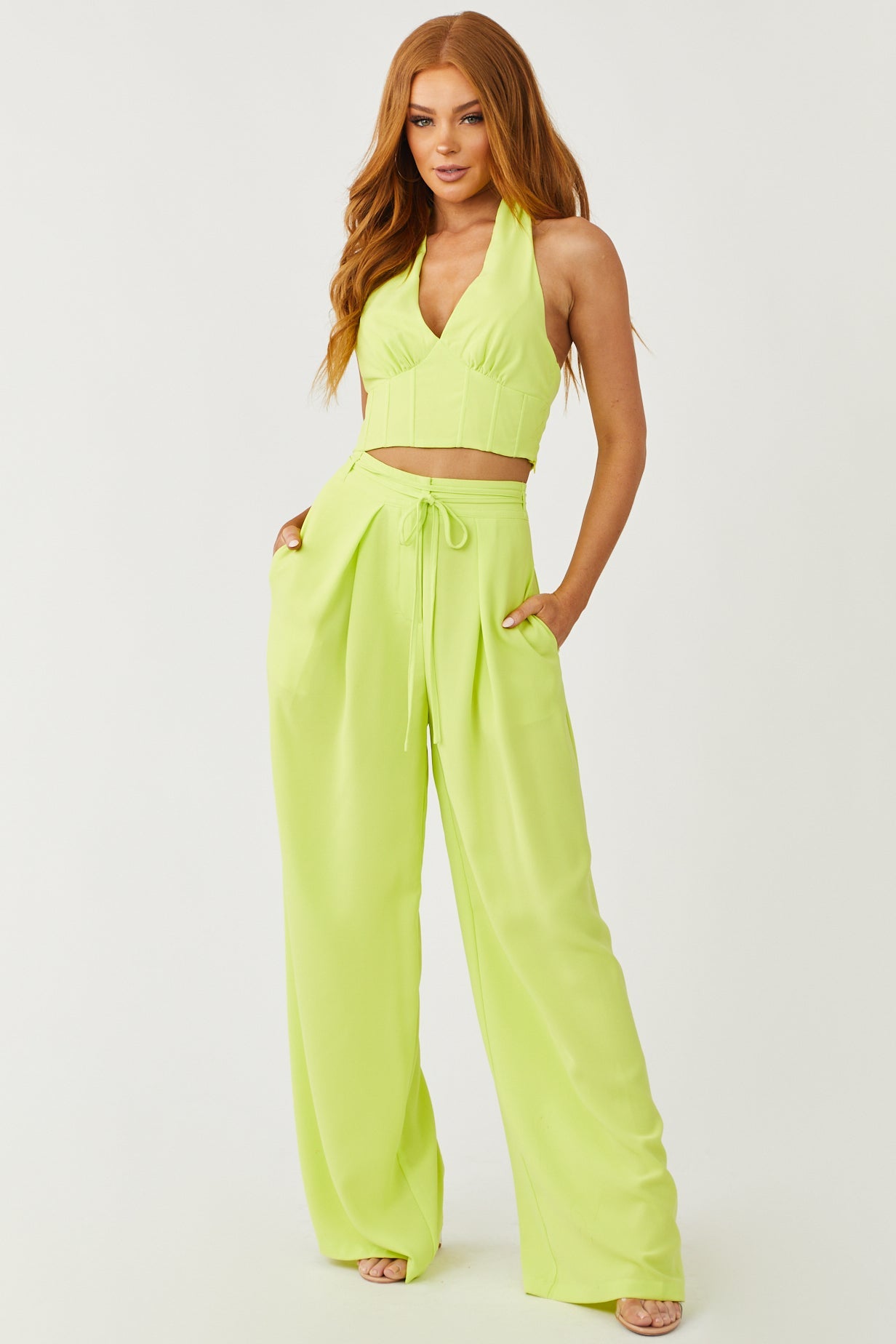 Bright Lime Flowy Wide Leg Waist Tie Pants
