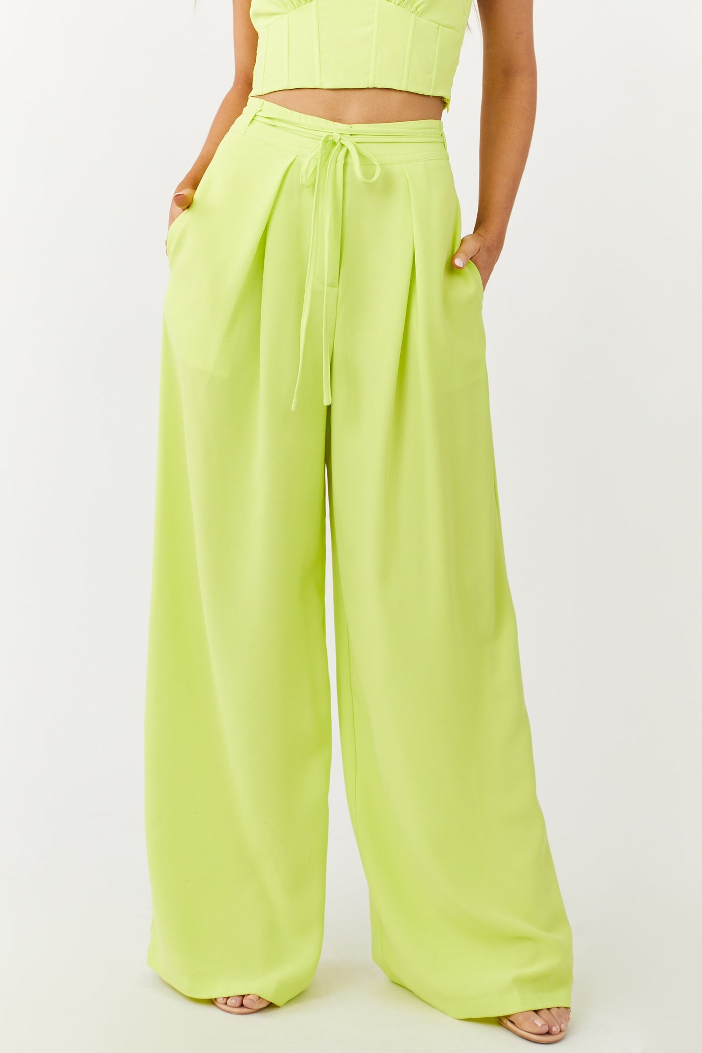 Bright Lime Flowy Wide Leg Waist Tie Pants