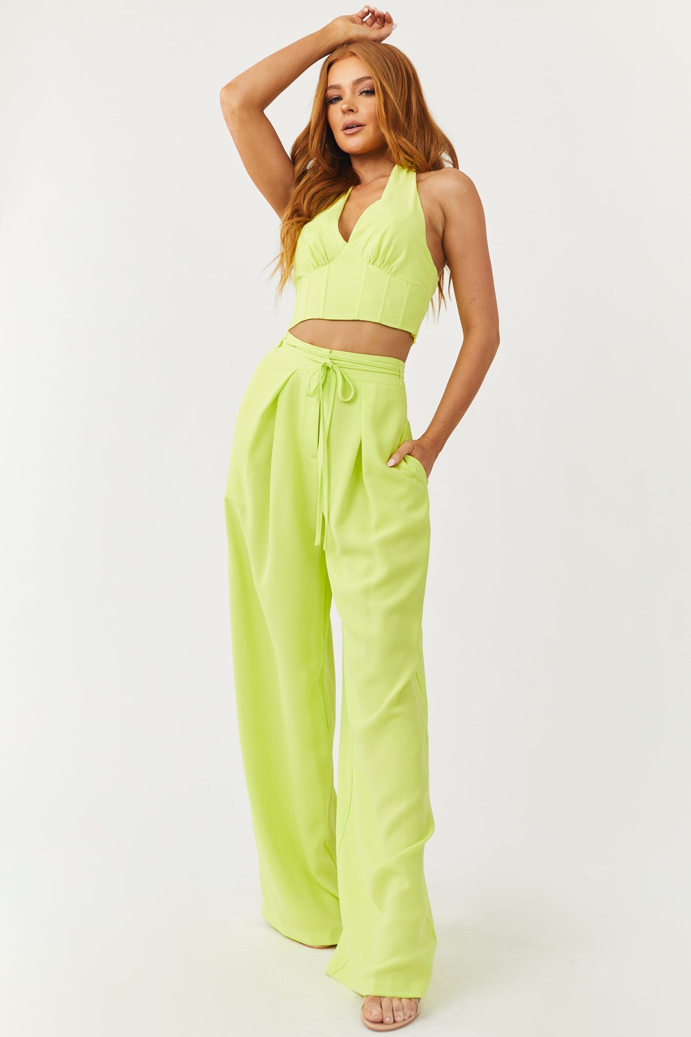 Bright Lime Flowy Wide Leg Waist Tie Pants