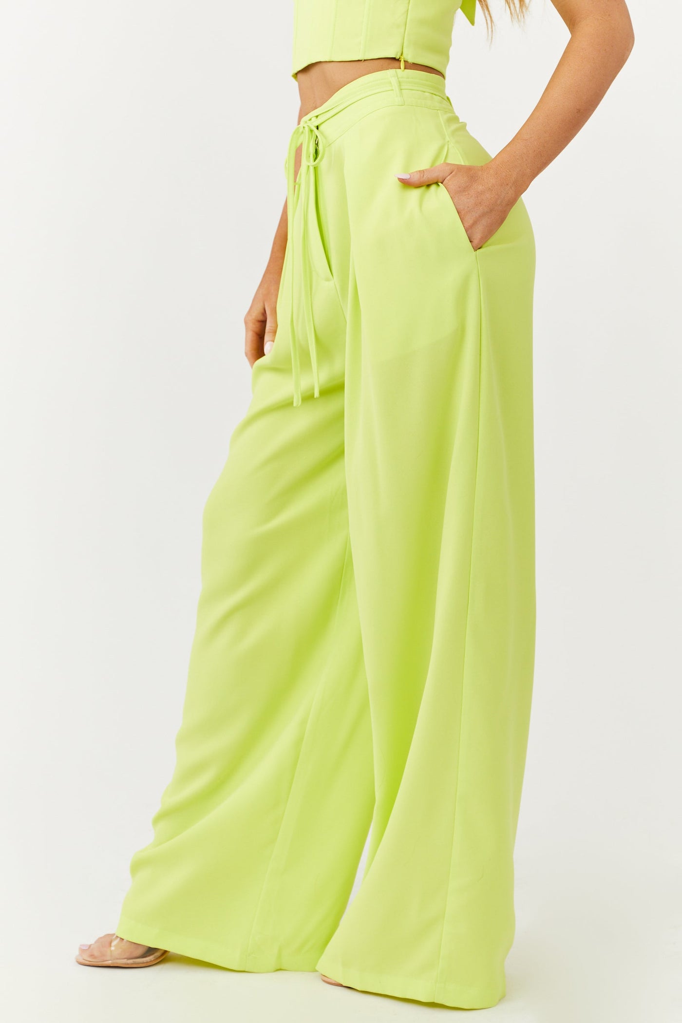 Bright Lime Flowy Wide Leg Waist Tie Pants
