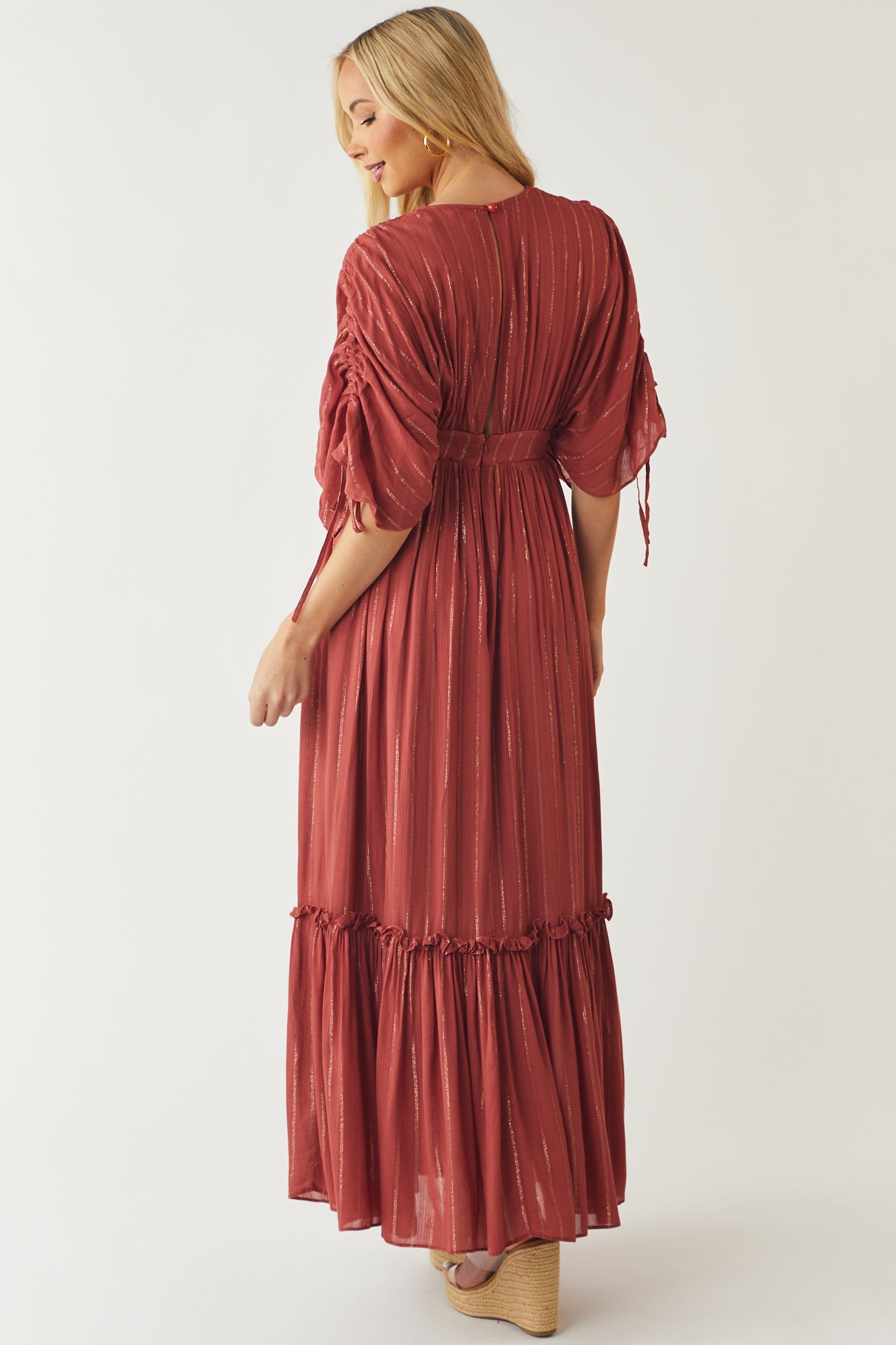 Bright Marsala Metallic Threaded Woven Maxi Dress