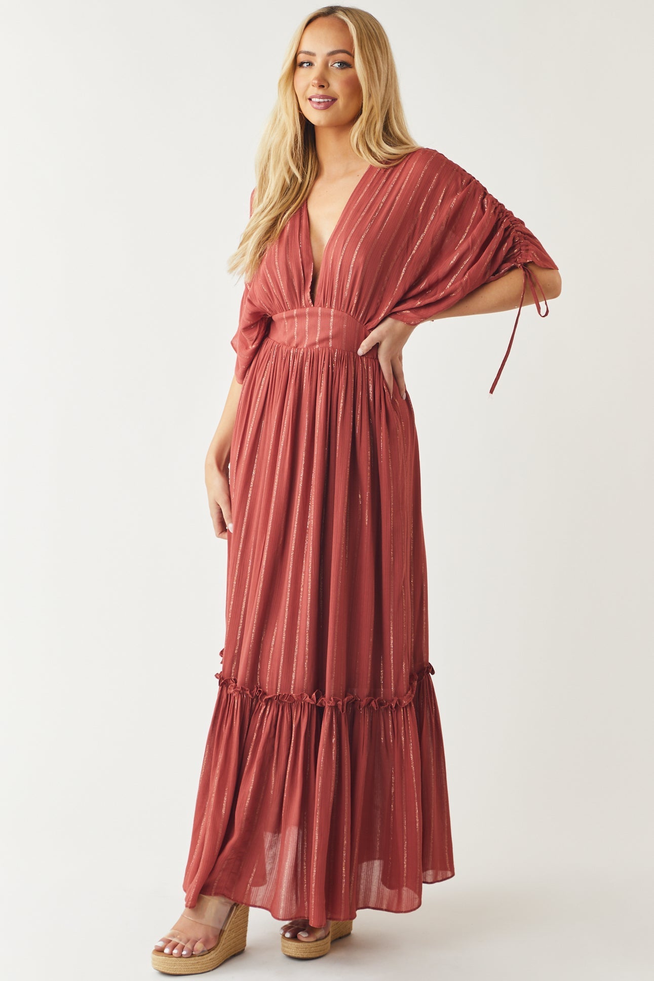 Bright Marsala Metallic Threaded Woven Maxi Dress